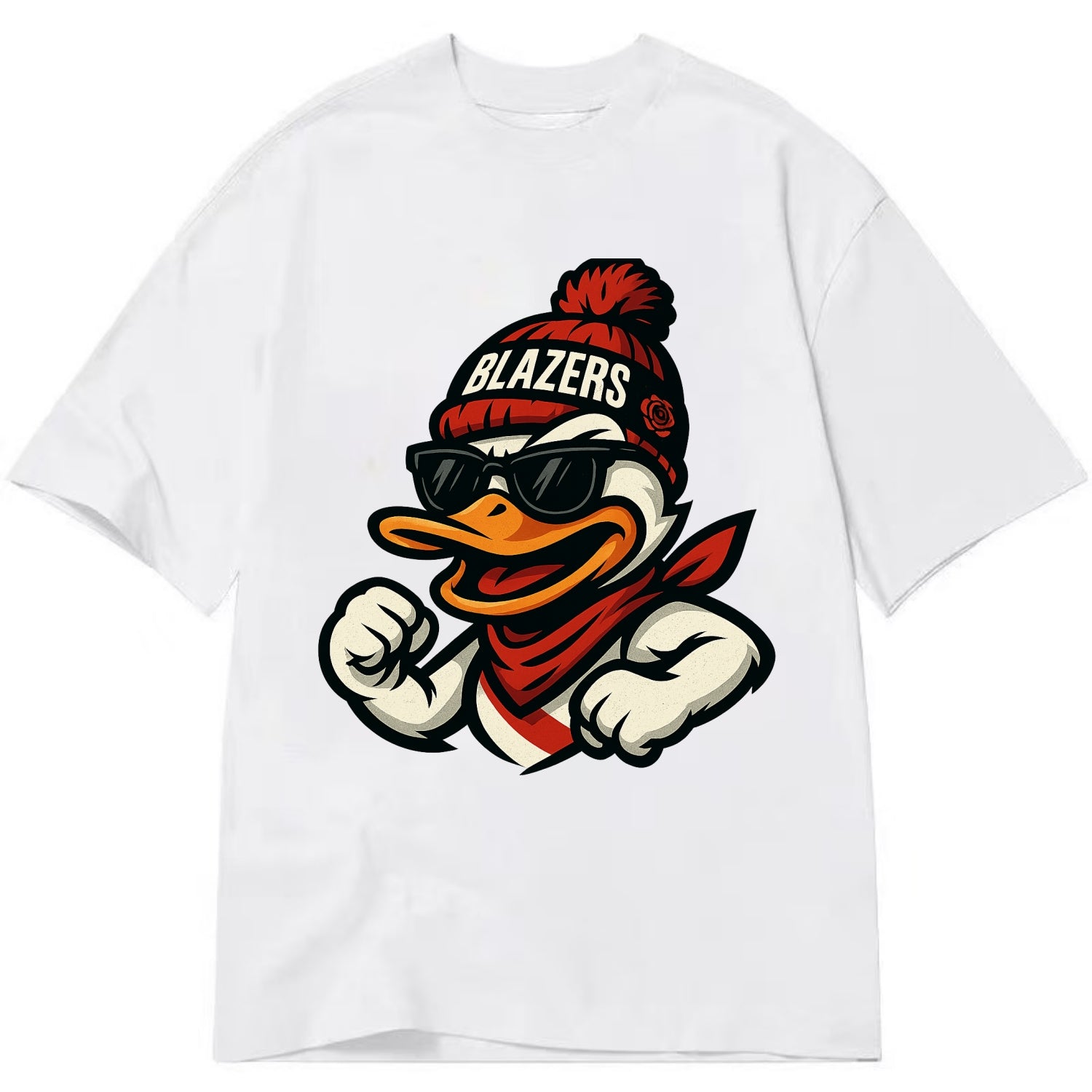 Oregon Duck wearing Trail Blazers beanie with rose patch and wayfarer sunglasses - Classic T-shirt - White