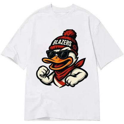 Oregon Duck wearing Trail Blazers beanie with rose patch and wayfarer sunglasses - Classic T-shirt - White