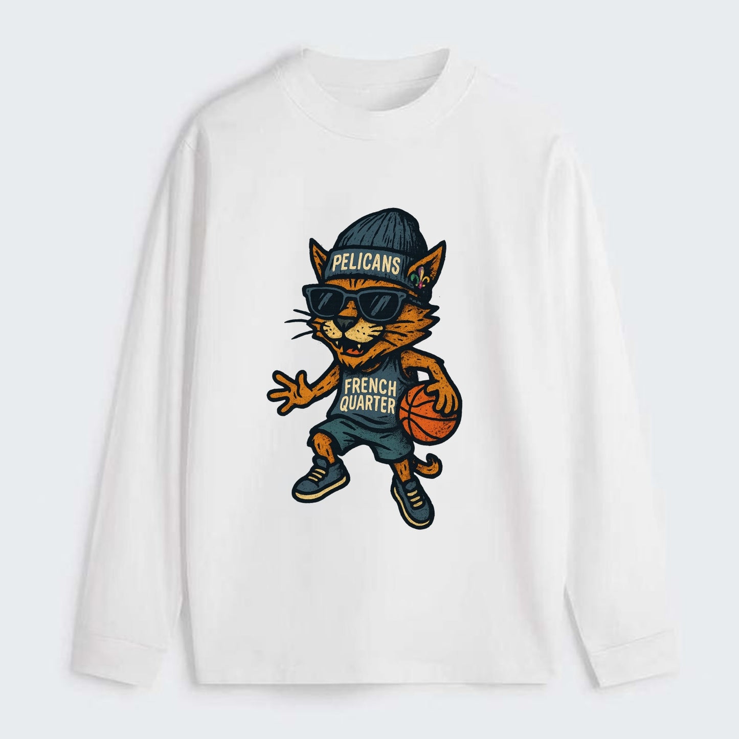French Quarter Cat wearing Pelicans beanie with Mardi Gras patch and - Classic Long Sleeve Shirt - White