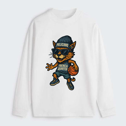 French Quarter Cat wearing Pelicans beanie with Mardi Gras patch and - Classic Long Sleeve Shirt - White