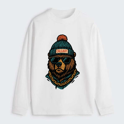 Calgary Grizzly Bear wearing Calgary beanie with pom pom and wayfarer - Classic Long Sleeve Shirt - White