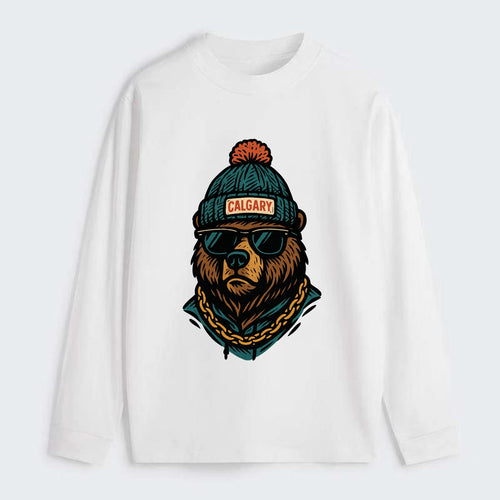 Calgary Grizzly Bear wearing Calgary beanie with pom pom and wayfarer - Classic Long Sleeve Shirt