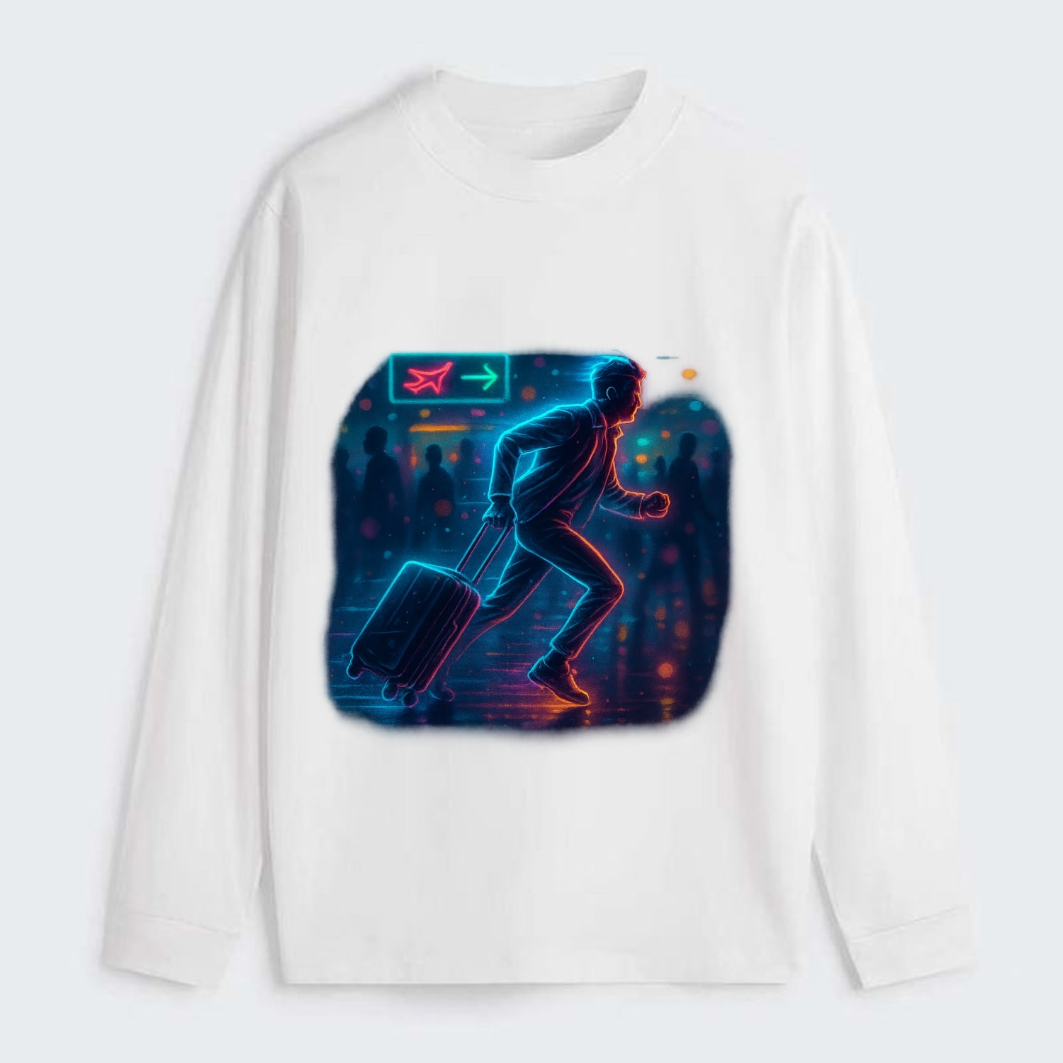 person running with luggage through crowded airport terminal - Classic Long Sleeve Shirt - White
