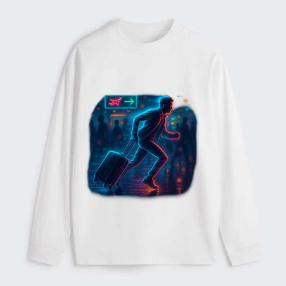 person running with luggage through crowded airport terminal - Classic Long Sleeve Shirt - White