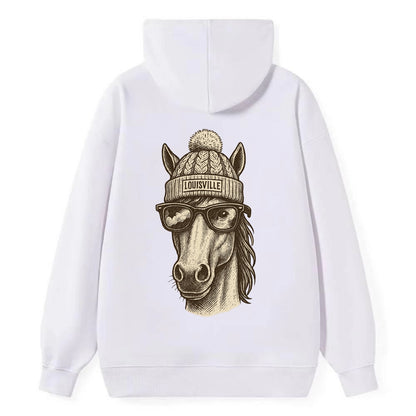 Kentucky Thoroughbred Horse wearing Louisville beanie with pom pom and - Classic Pullover Hoodie - White
