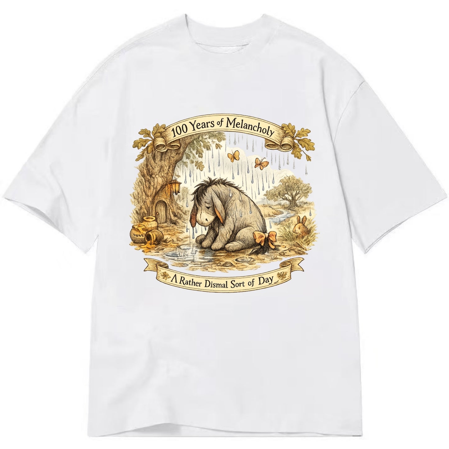 GLOOMY GLEN | Droopy figure in rain | Tattered tail bow | Pessimistic poetry | - Classic T-shirt - White