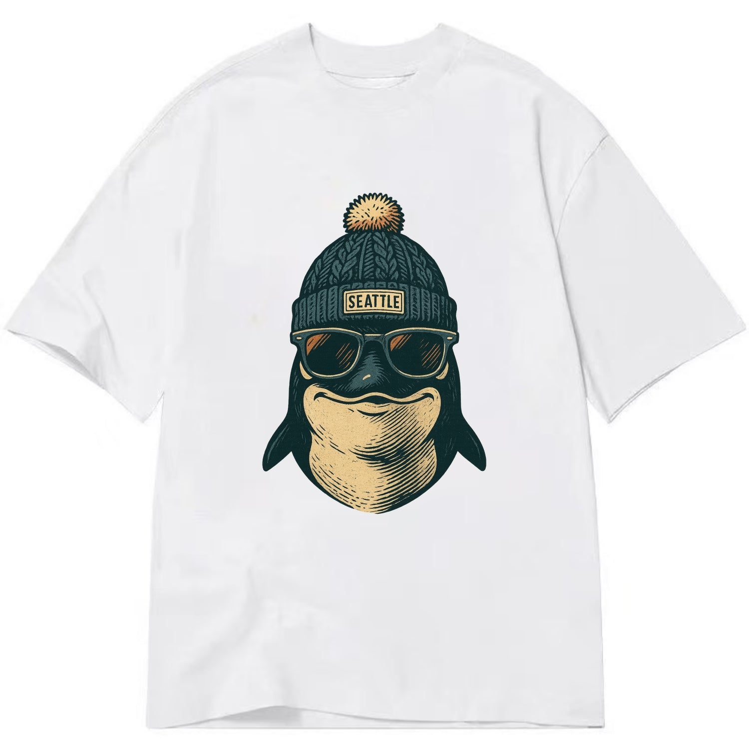 Washington Orca wearing Seattle beanie with pom pom and wayfarer sunglasses - Classic T-shirt - White