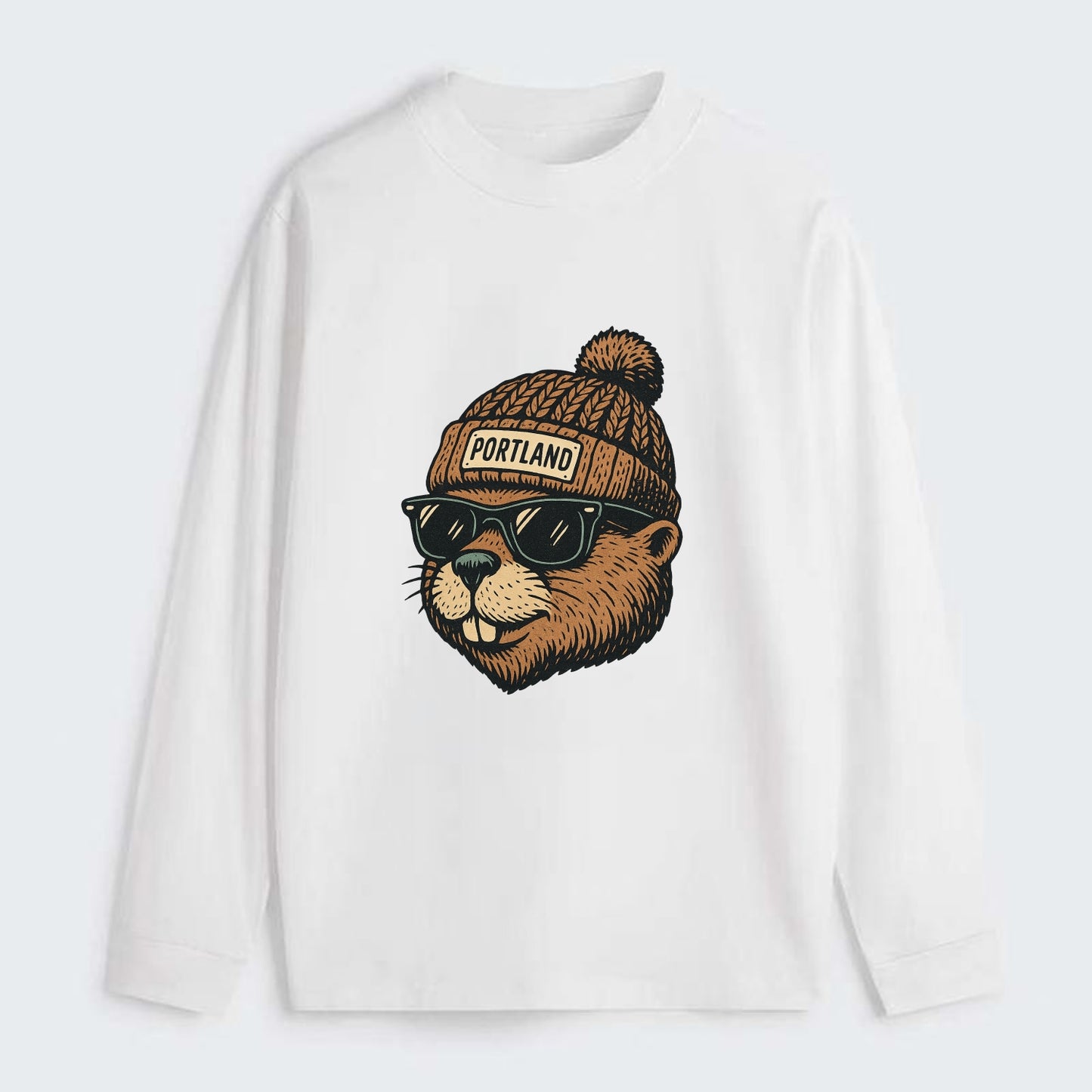 Portland Beaver wearing Portland beanie with pom pom and wayfarer - Classic Long Sleeve Shirt - White