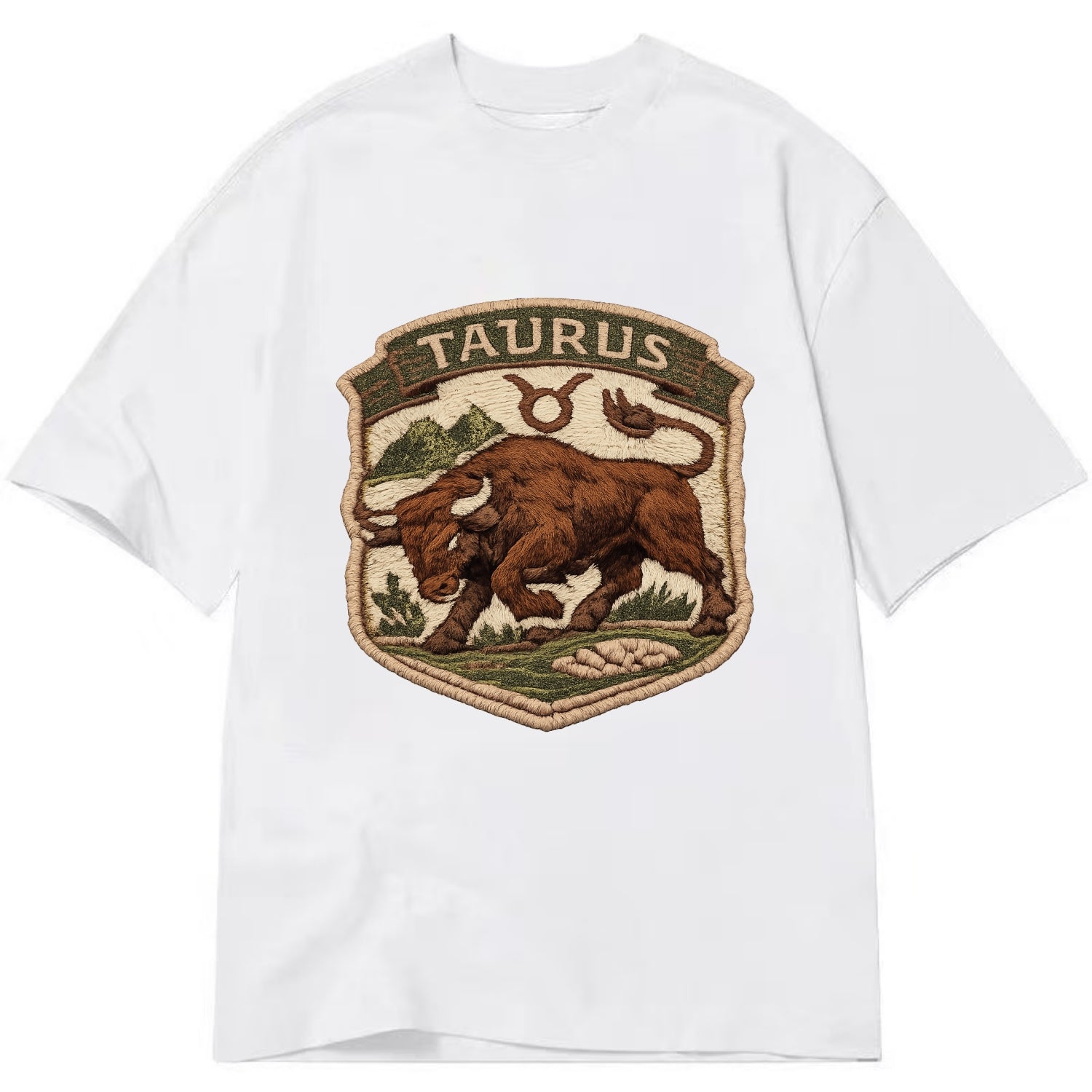 TAURUS BULL - strong bull in brown and green , earth sign - Classic T-shirt - White