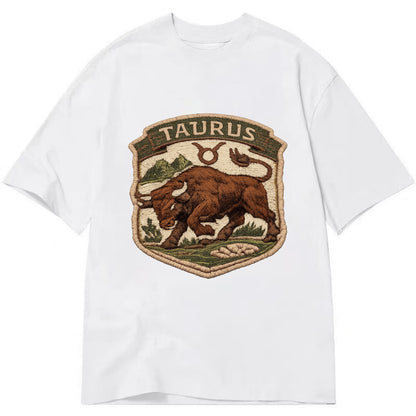 TAURUS BULL - strong bull in brown and green , earth sign - Classic T-shirt - White