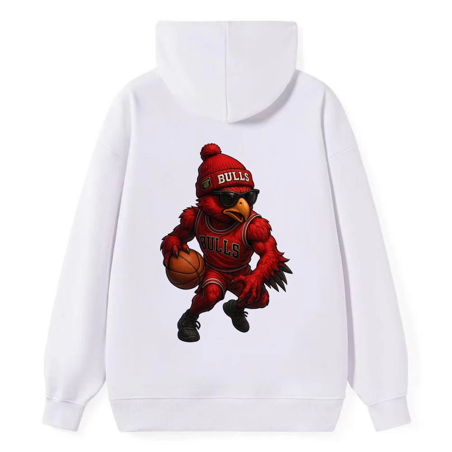 Windy City Hawk wearing Bulls beanie with six rings patch and wayfarer - Classic Pullover Hoodie - White