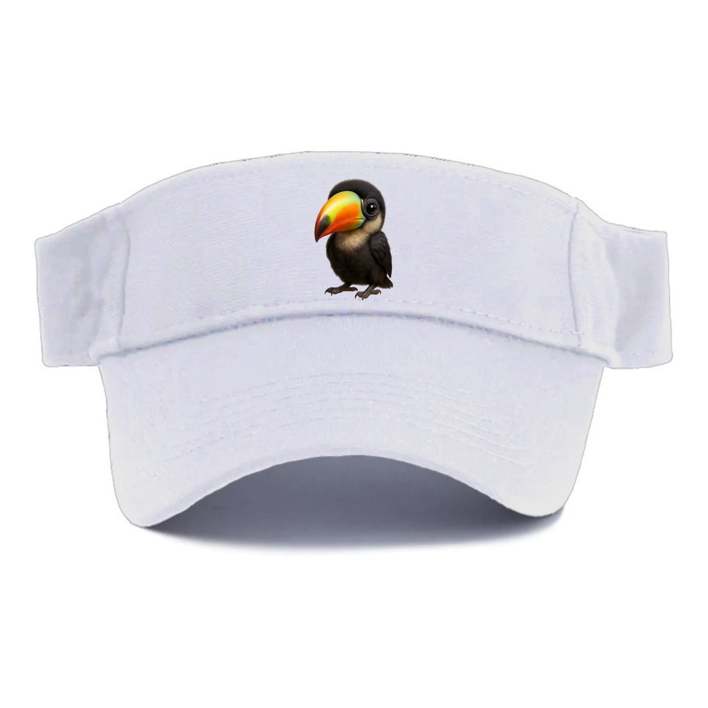 Baby Toucan - oversized colorful beak, black feathers, bright eyes, front-facing, fruit - Visor - White