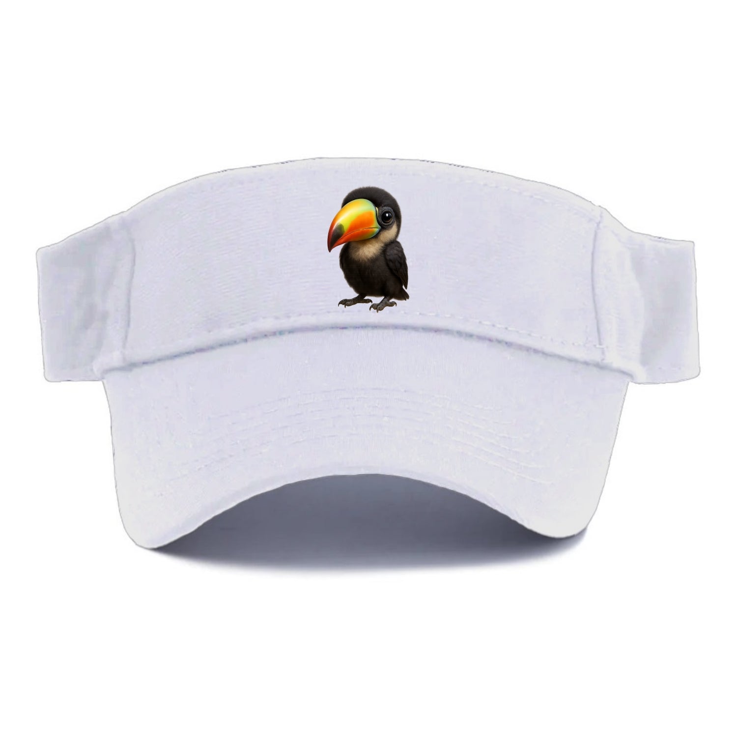 Baby Toucan - oversized colorful beak, black feathers, bright eyes, front-facing, fruit - Visor - White