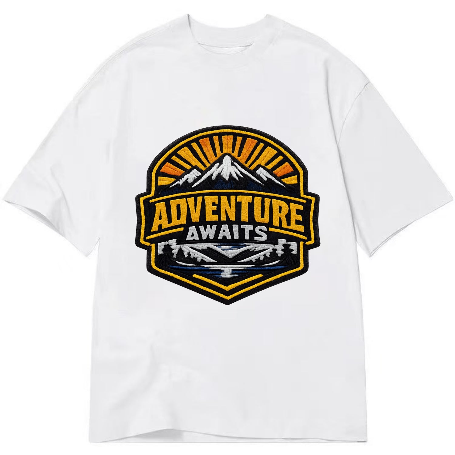 ADVENTURE AWAITS - mountain sunrise with text in gold and blue , wanderlust - Classic T-shirt - White