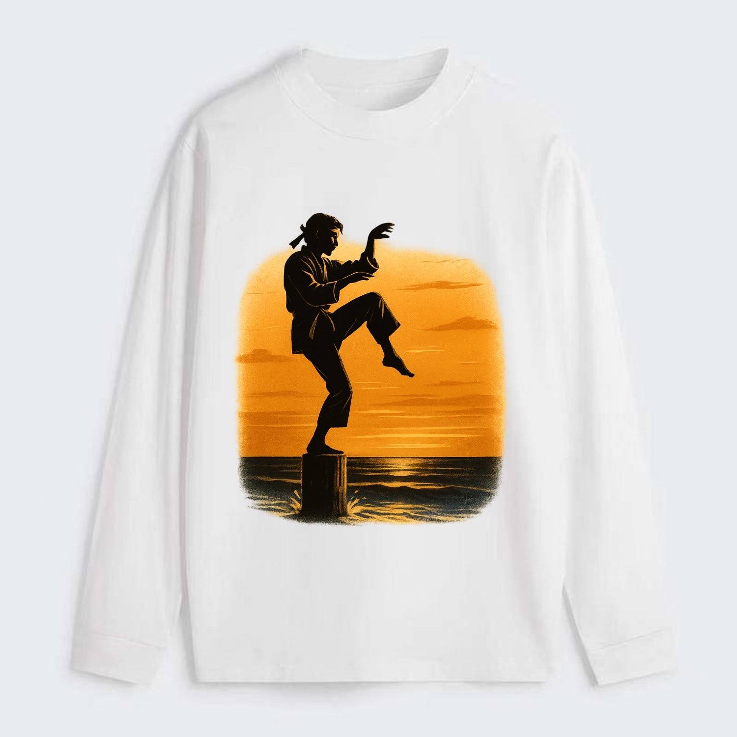 karate crane kick pose on wooden post at beach sunset - Classic Long Sleeve Shirt - White