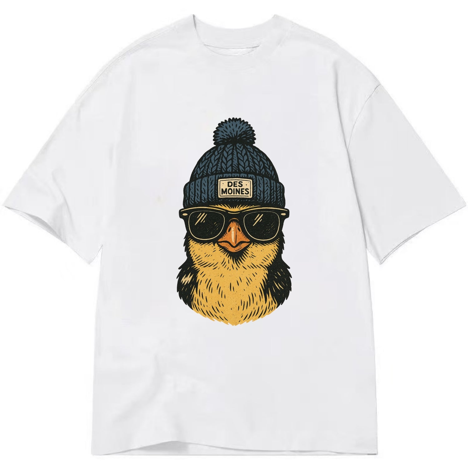 Iowa Goldfinch wearing Des Moines beanie with pom pom and wayfarer sunglasses - Classic T-shirt - White