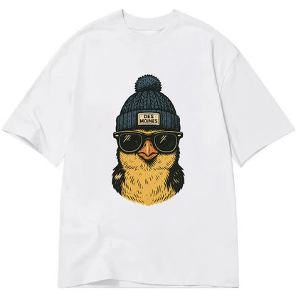 Iowa Goldfinch wearing Des Moines beanie with pom pom and wayfarer sunglasses - Classic T-shirt - White