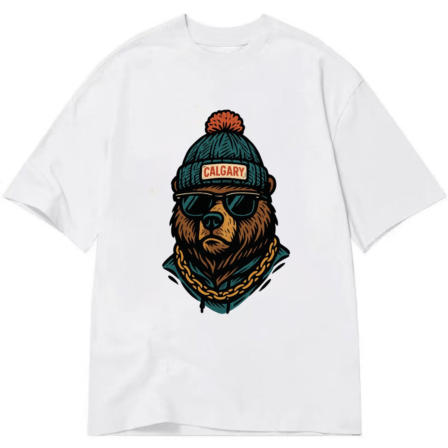 Calgary Grizzly Bear wearing Calgary beanie with pom pom and wayfarer sunglasses - Classic T-shirt - White