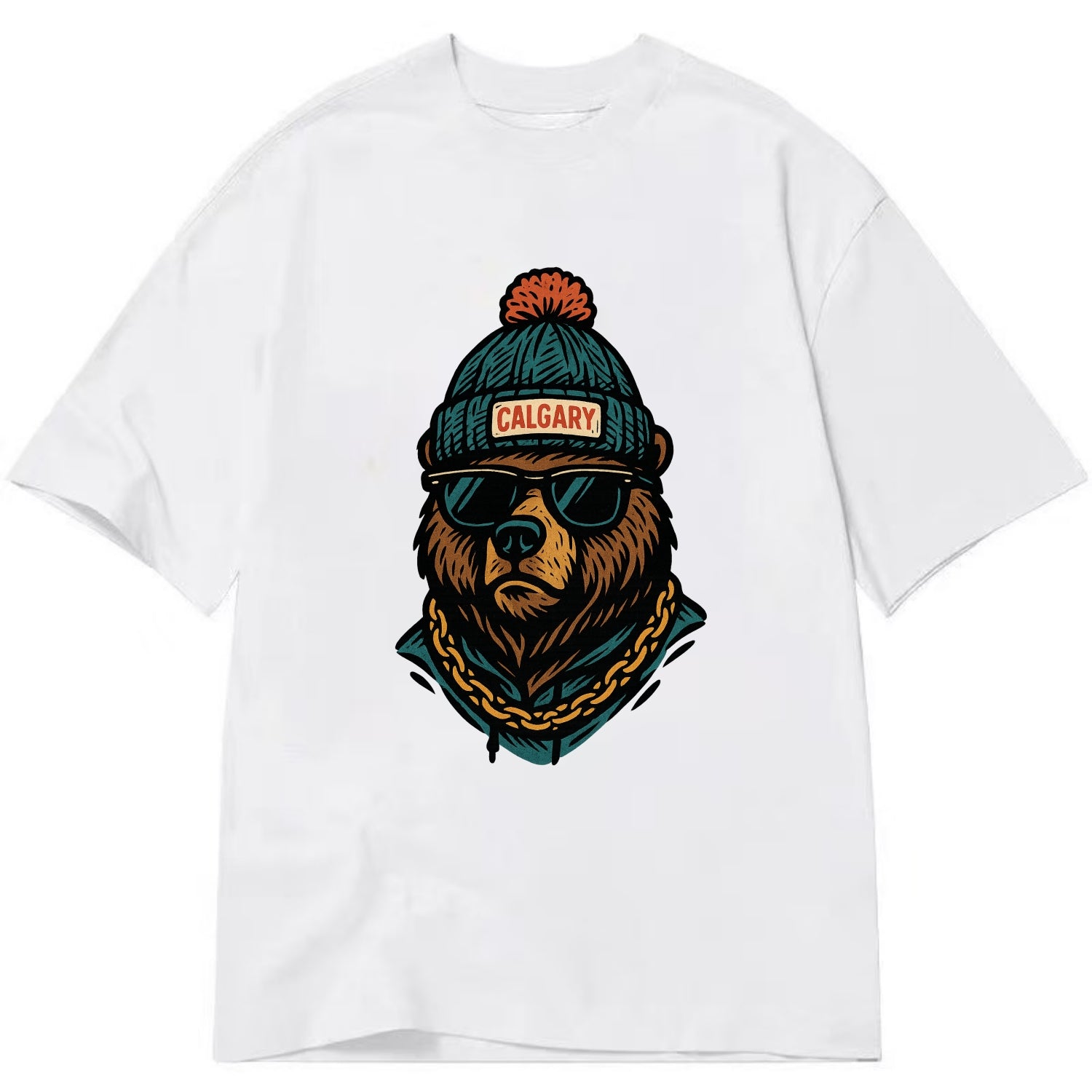 Calgary Grizzly Bear wearing Calgary beanie with pom pom and wayfarer sunglasses - Classic T-shirt - White