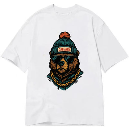 Calgary Grizzly Bear wearing Calgary beanie with pom pom and wayfarer sunglasses - Classic T-shirt - White