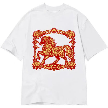 HORSE | Silk style horse design | Gold and silver thread appearance | Phoenix and - Classic T-shirt - White
