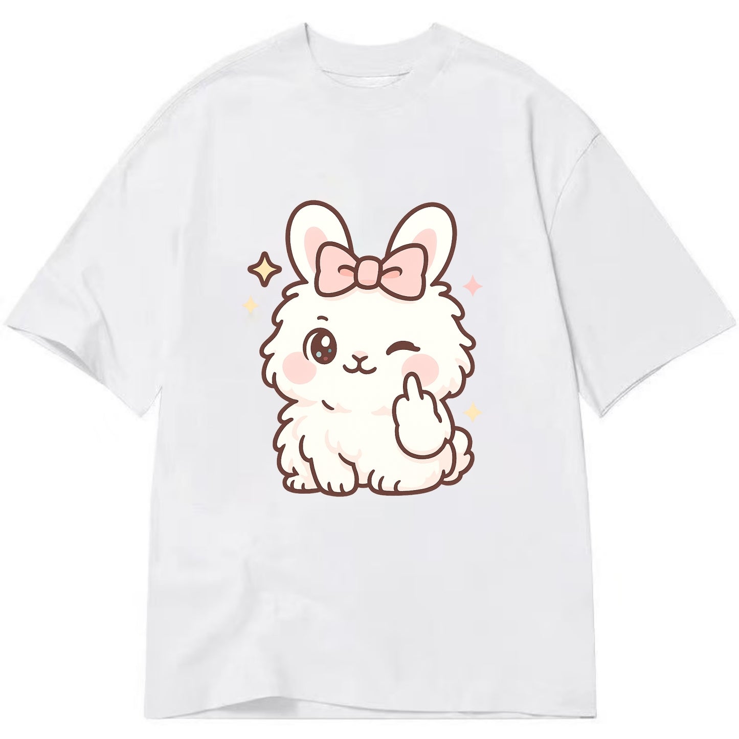 fluffy white angora rabbit with pink bow, one paw delicately flipping off - Classic T-shirt - White