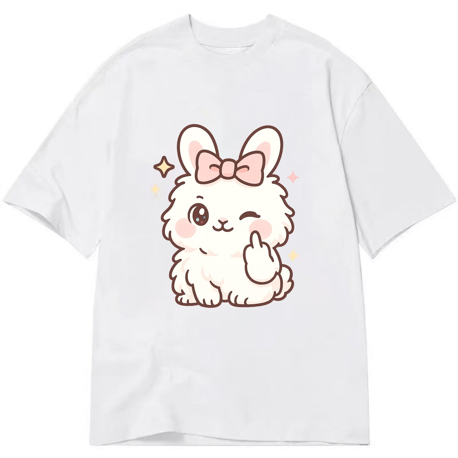 fluffy white angora rabbit with pink bow, one paw delicately flipping off - Classic T-shirt - White