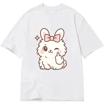 fluffy white angora rabbit with pink bow, one paw delicately flipping off - Classic T-shirt - White