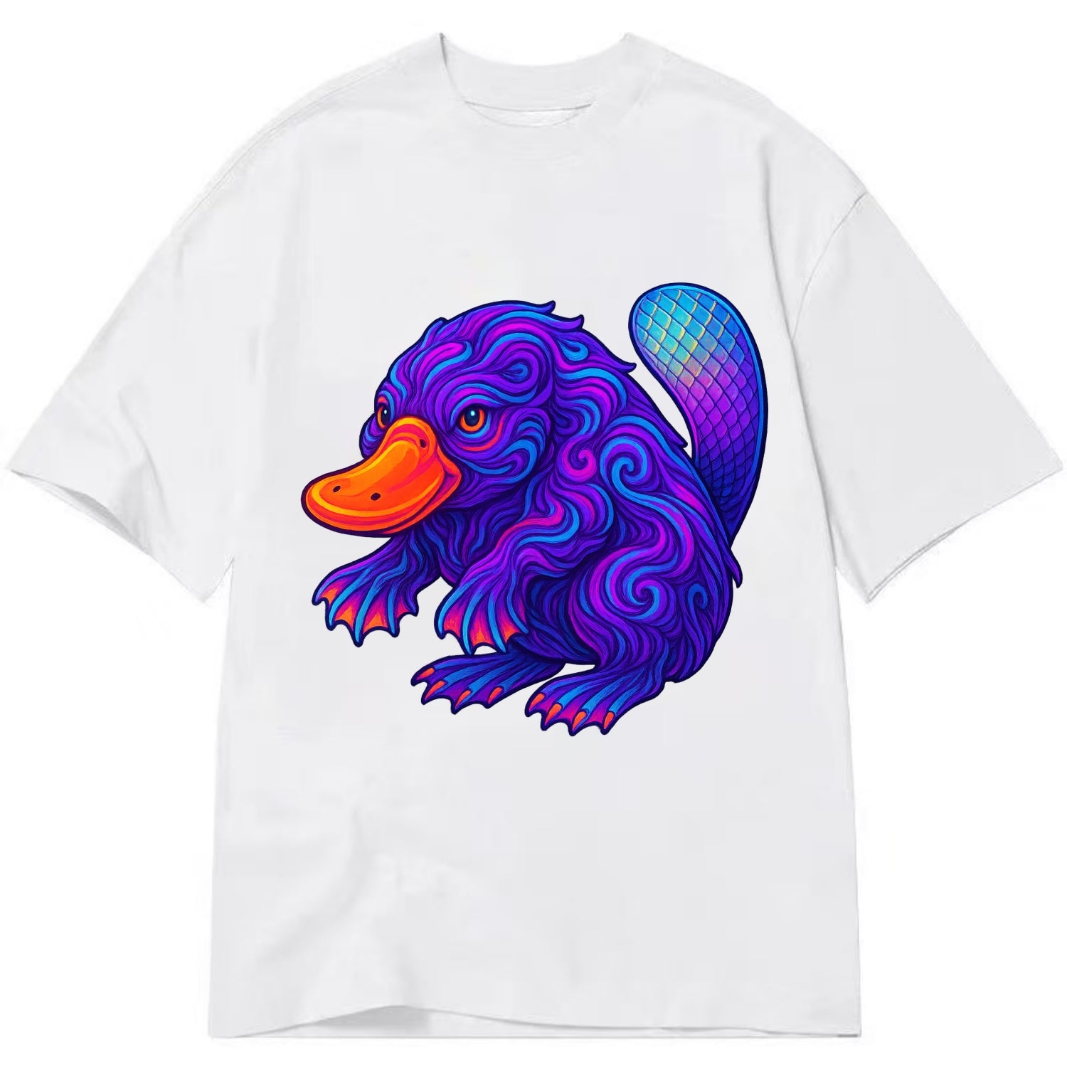 Quirky platypus with bill glowing in neon orange, beaver tail with holographic - Classic T-shirt - White