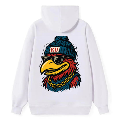 Lawrence Jayhawk wearing Kansas beanie with KU patch - Classic Pullover Hoodie - White