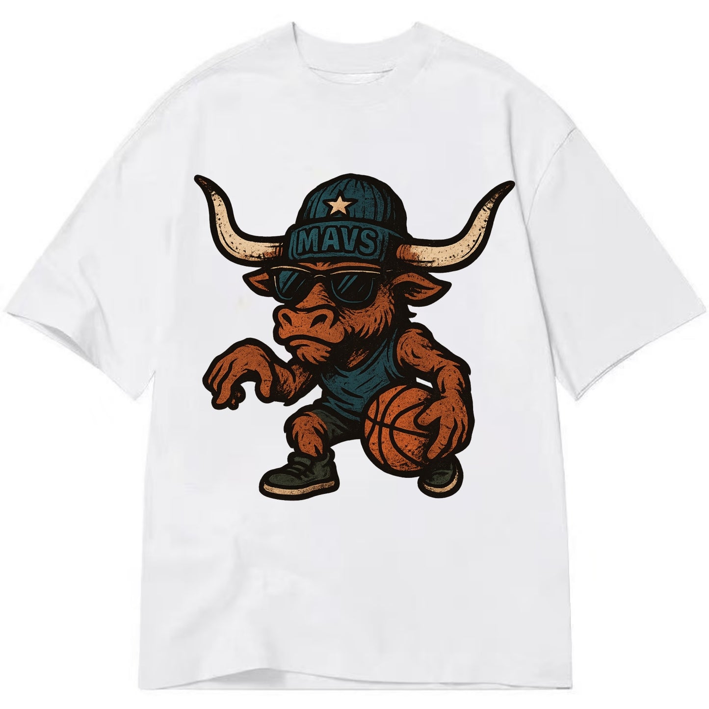 Texas Longhorn wearing Mavs beanie with lone star patch and wayfarer sunglasses - Classic T-shirt - White