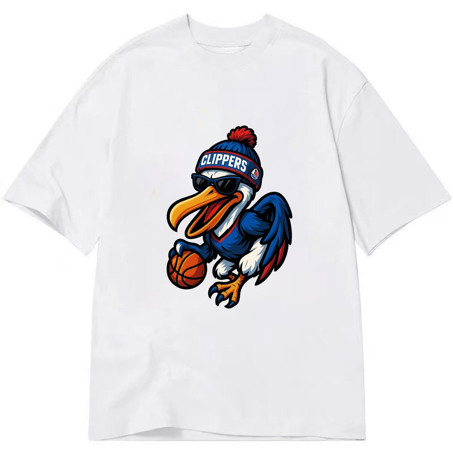 Los Angeles Pelican wearing Clippers beanie with sailboat patch and wayfarer - Classic T-shirt - White