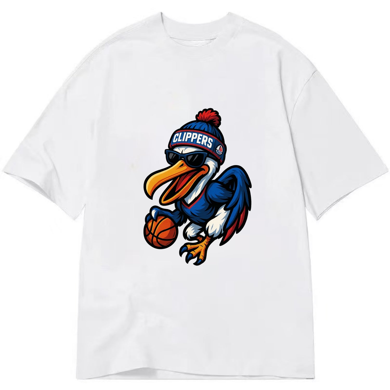 Los Angeles Pelican wearing Clippers beanie with sailboat patch and wayfarer - Classic T-shirt - White