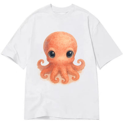 Baby Octopus - red-orange, eight tiny tentacles curled, large intelligent eyes, - Classic T-shirt - White