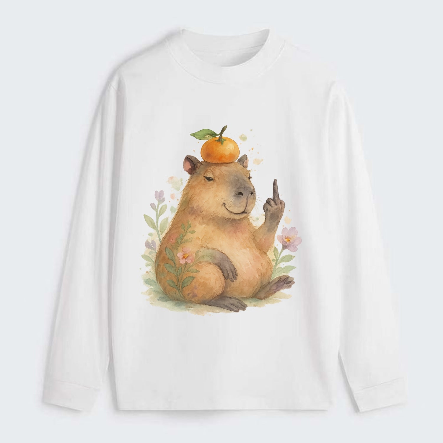 chonky capybara relaxing with orange on head, one webbed middle finger - Classic Long Sleeve Shirt - White