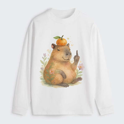 chonky capybara relaxing with orange on head, one webbed middle finger - Classic Long Sleeve Shirt - White