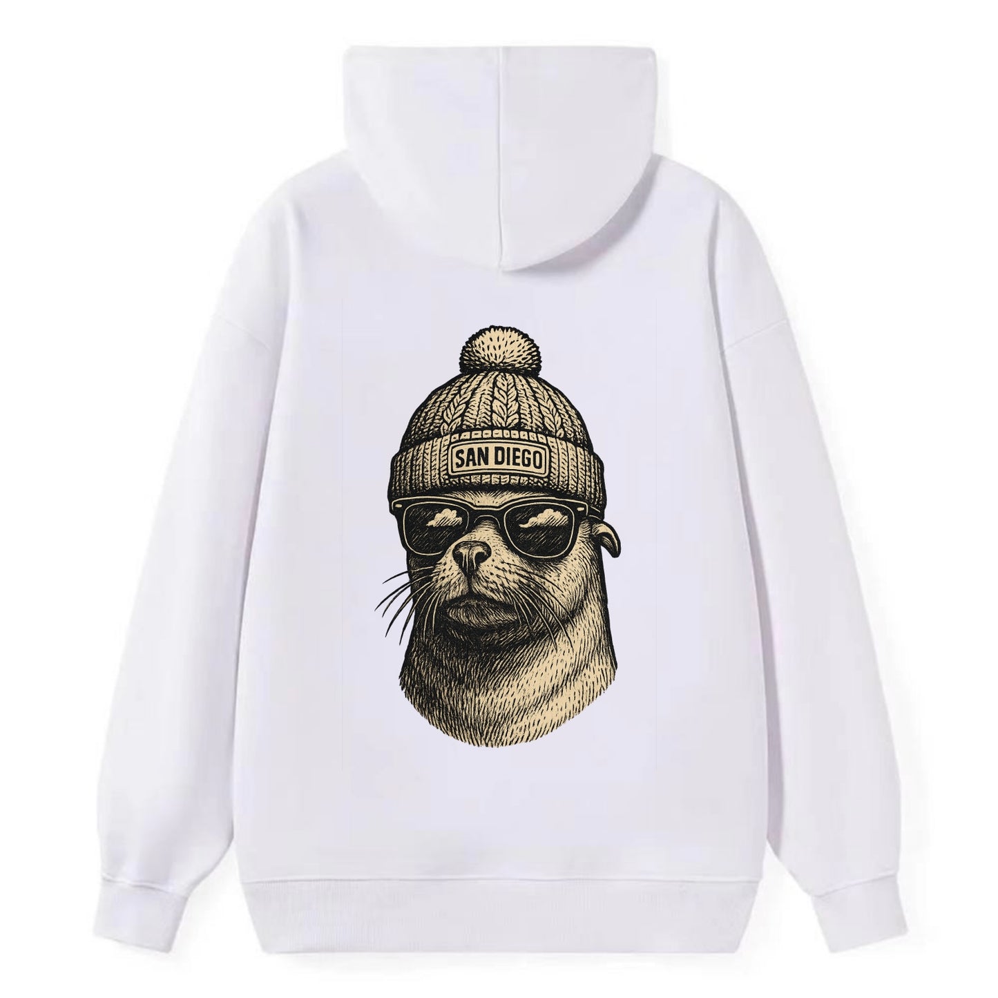 San Diego Sea Lion wearing San Diego beanie with pom pom and wayfarer - Classic Pullover Hoodie - White