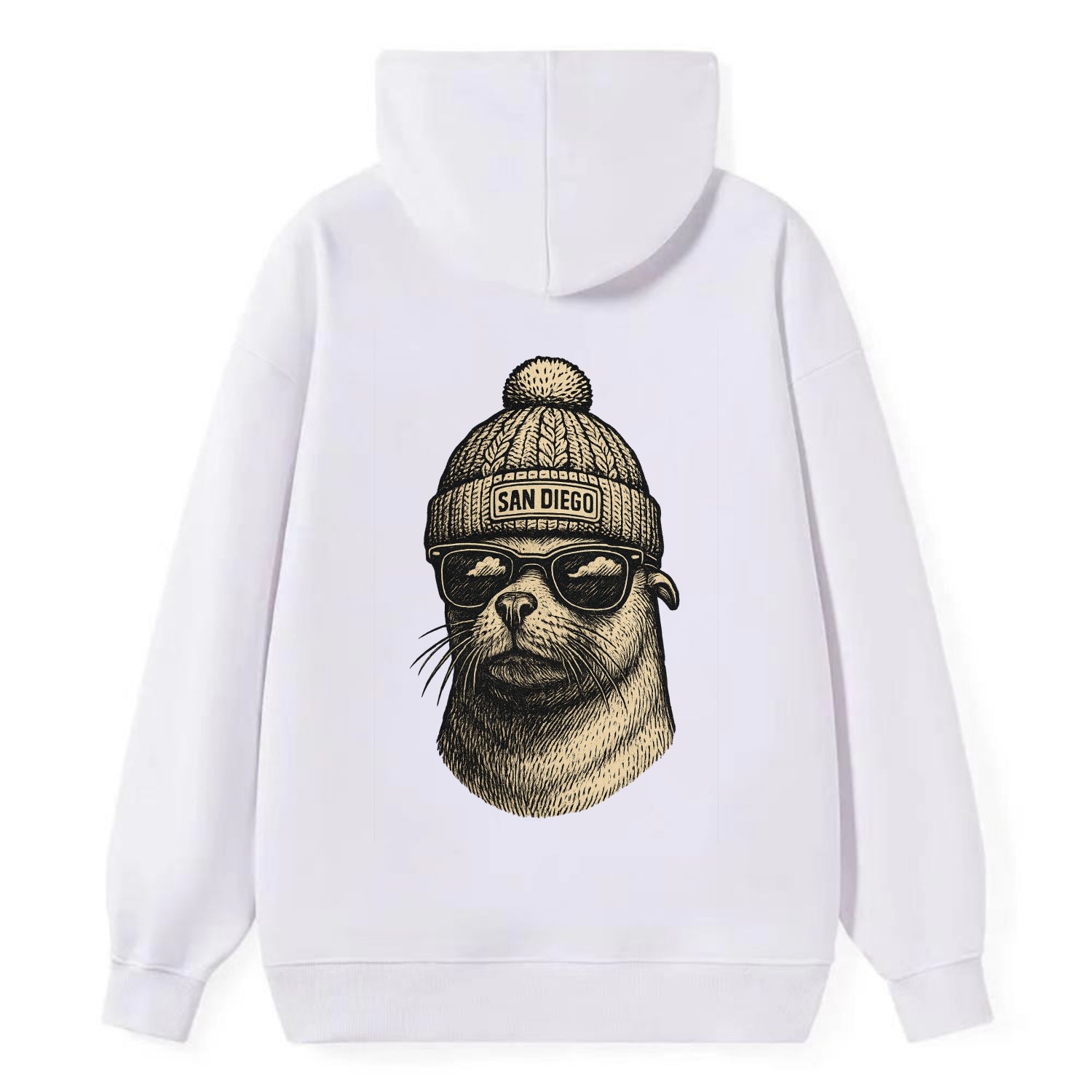 San Diego Sea Lion wearing San Diego beanie with pom pom and wayfarer - Classic Pullover Hoodie - White