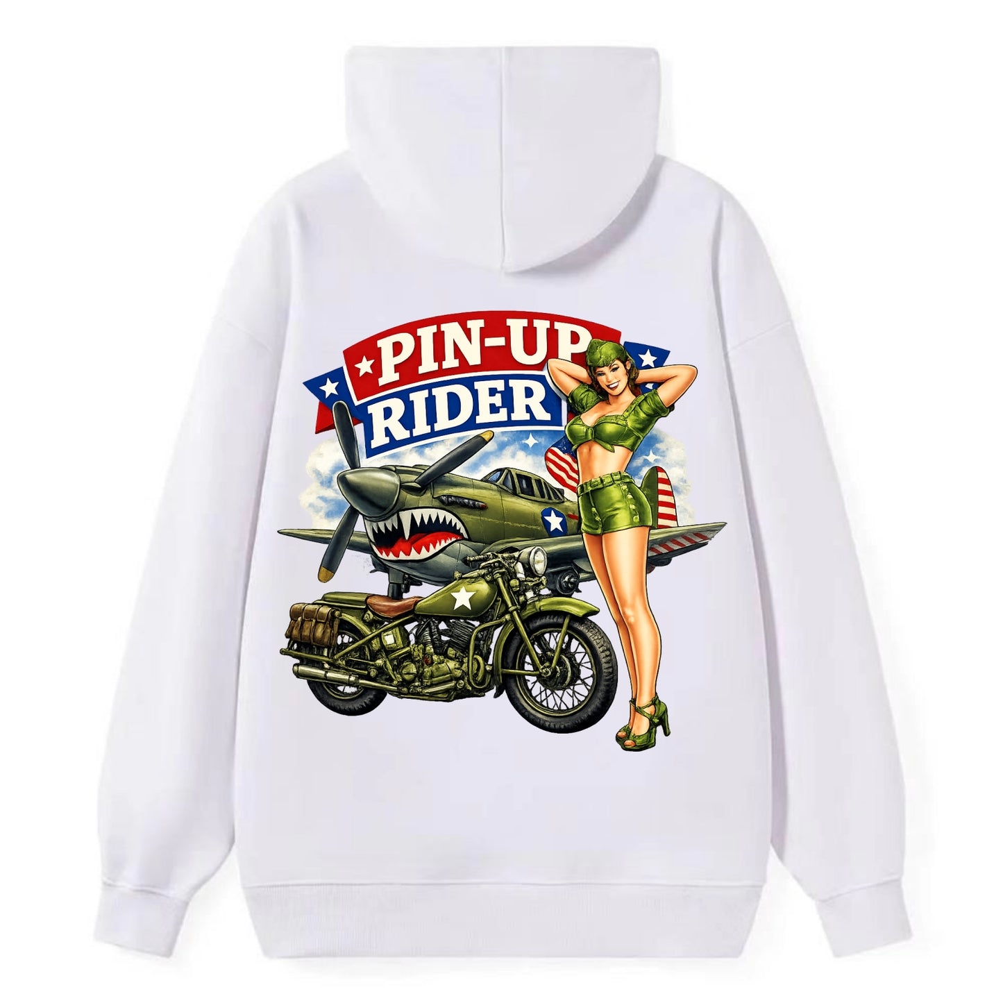 Wwii Pin Up Rider - Classic Pullover Hoodie - White
