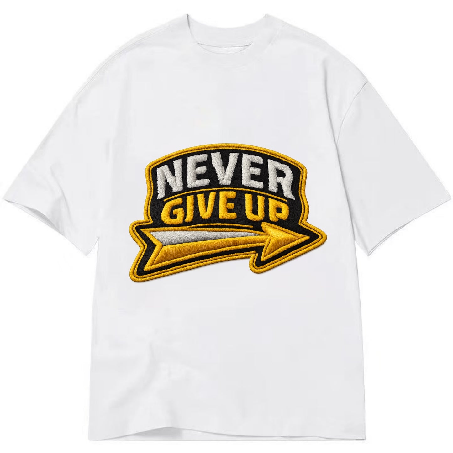 NEVER GIVE UP - bold text with arrow in gold , determination - Classic T-shirt - White