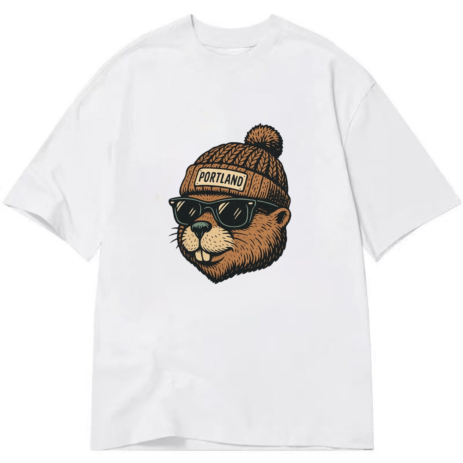 Portland Beaver wearing Portland beanie with pom pom and wayfarer sunglasses - Classic T-shirt - White