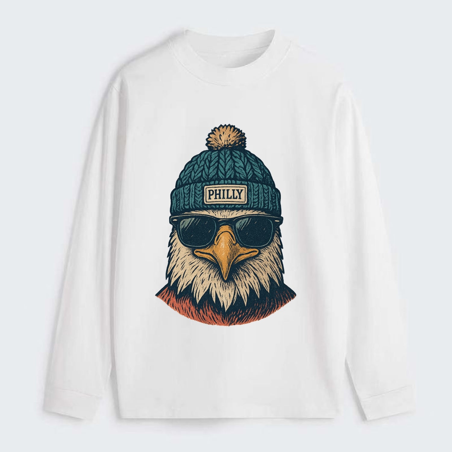 Philadelphia Eagle wearing Philly beanie with pom pom and wayfarer - Classic Long Sleeve Shirt - White