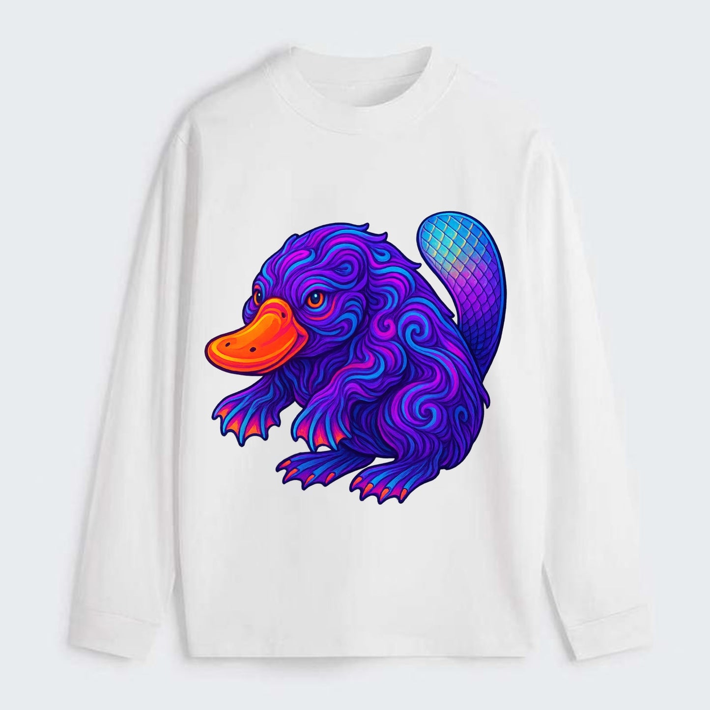 Quirky platypus with bill glowing in neon orange, beaver tail with - Classic Long Sleeve Shirt - White