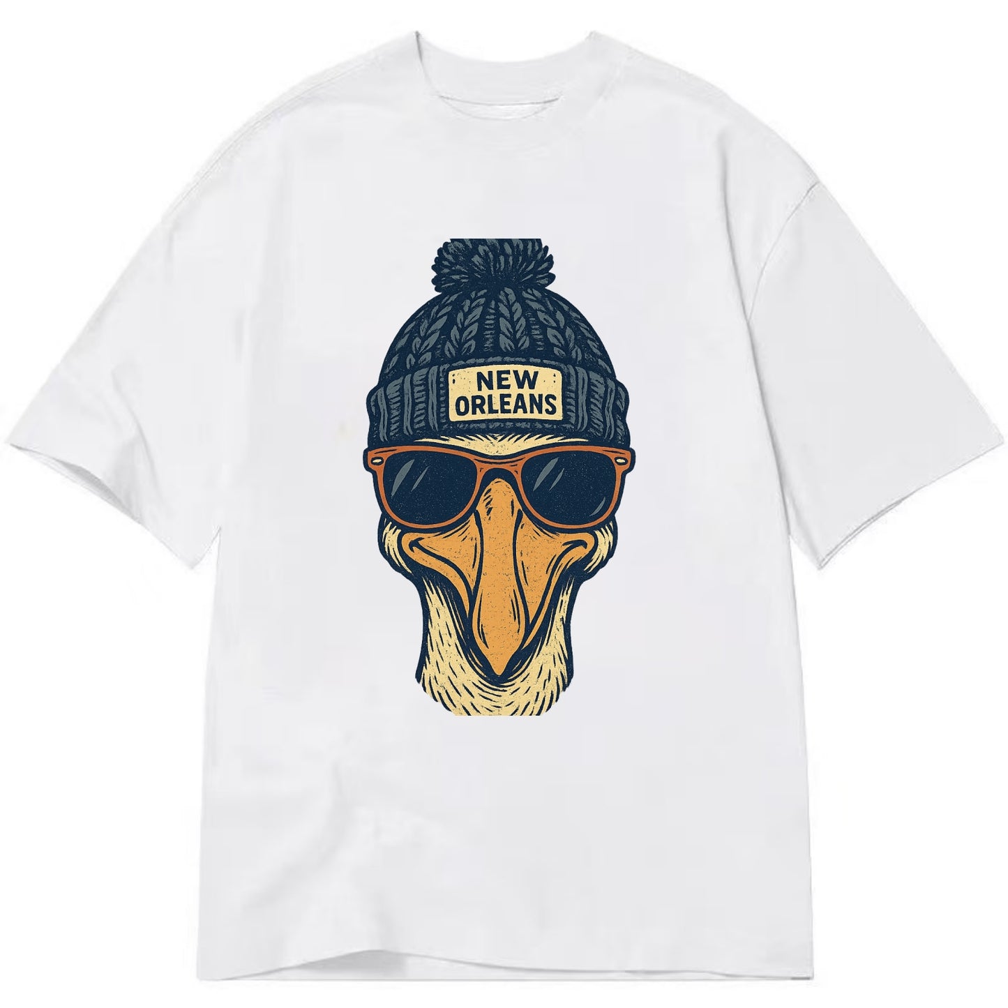 New Orleans Pelican wearing New Orleans beanie with pom pom and wayfarer - Classic T-shirt - White