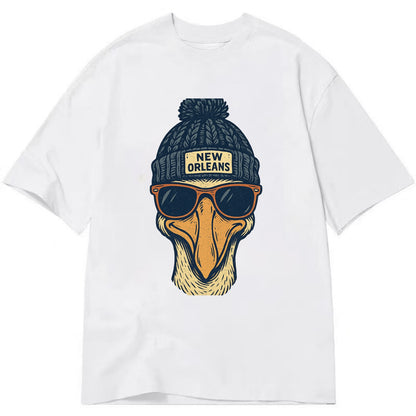 New Orleans Pelican wearing New Orleans beanie with pom pom and wayfarer - Classic T-shirt - White