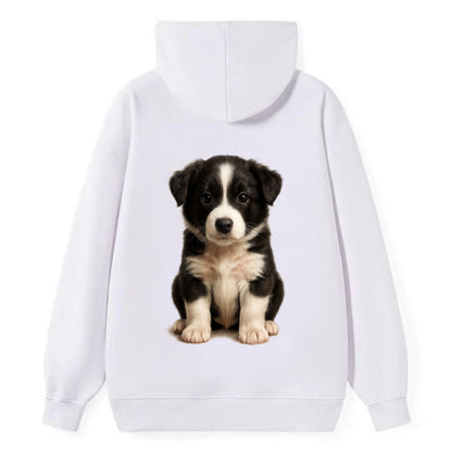 Baby Border Collie Puppy - black and white, intense smart eyes, athletic - Classic Pullover Hoodie - White