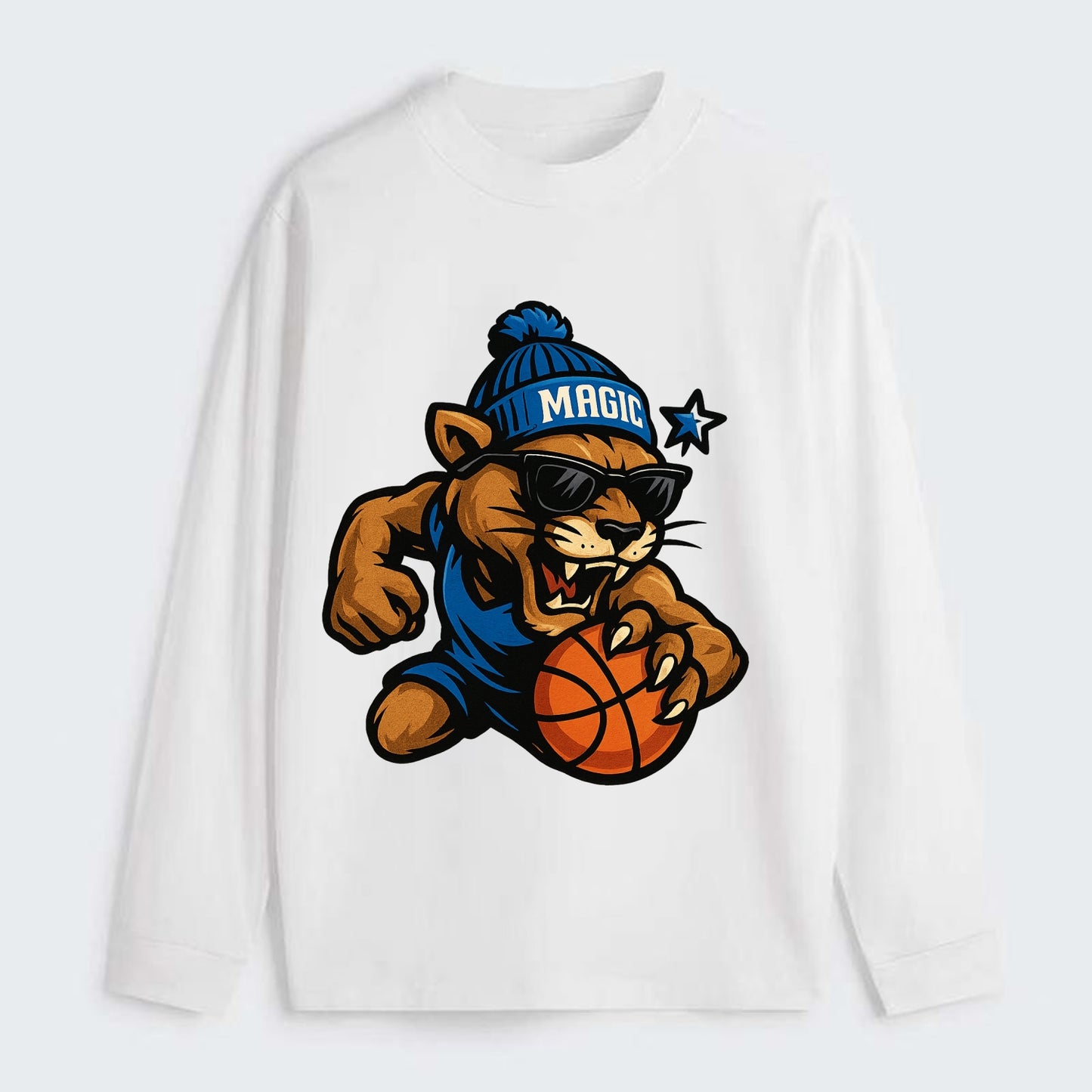 Florida Panther wearing Magic beanie with star wand patch and wayfarer - Classic Long Sleeve Shirt - White