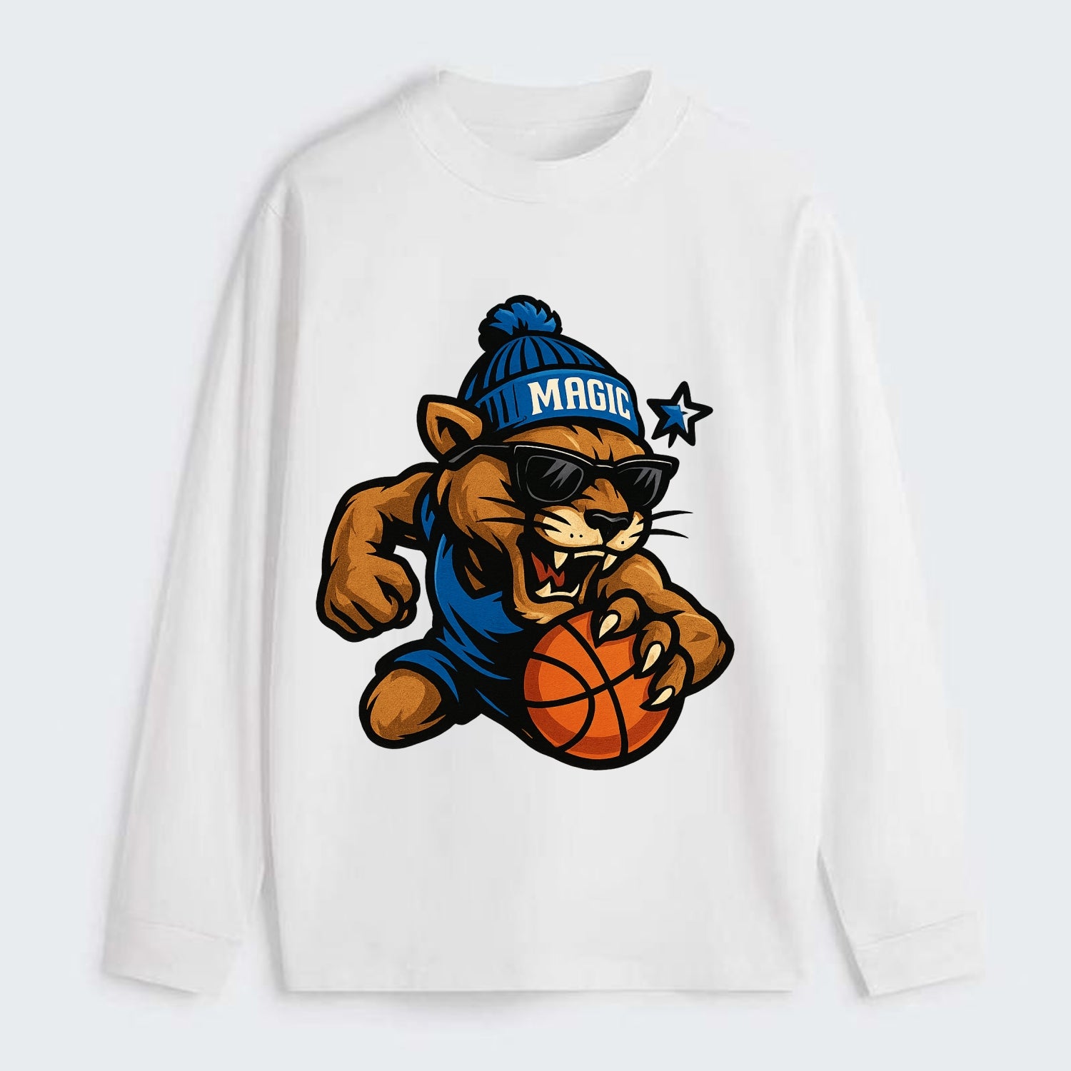 Florida Panther wearing Magic beanie with star wand patch and wayfarer - Classic Long Sleeve Shirt - White