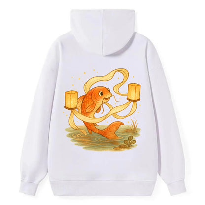 Koi weaving silk streamers through floating lanterns on tranquil water - Classic Pullover Hoodie - White