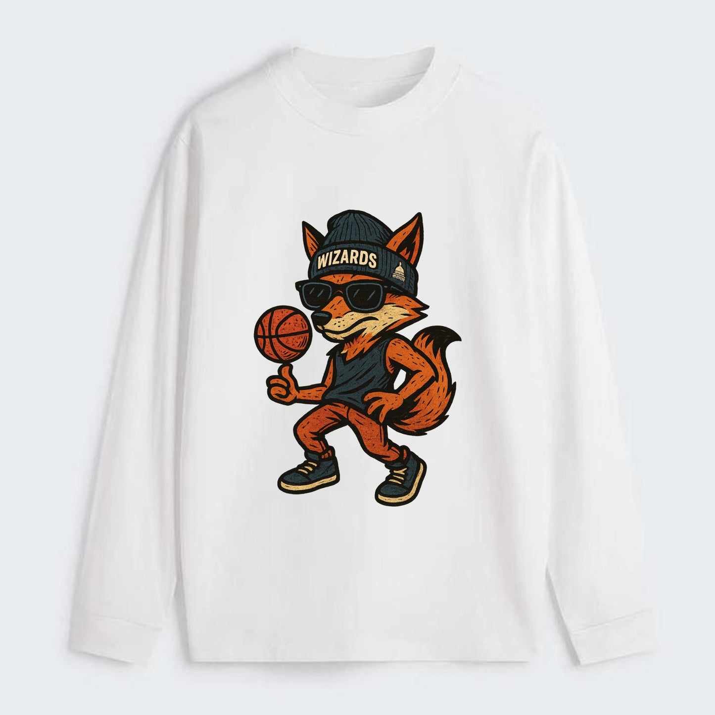Washington Fox wearing Wizards beanie with capitol patch and wayfarer - Classic Long Sleeve Shirt - White
